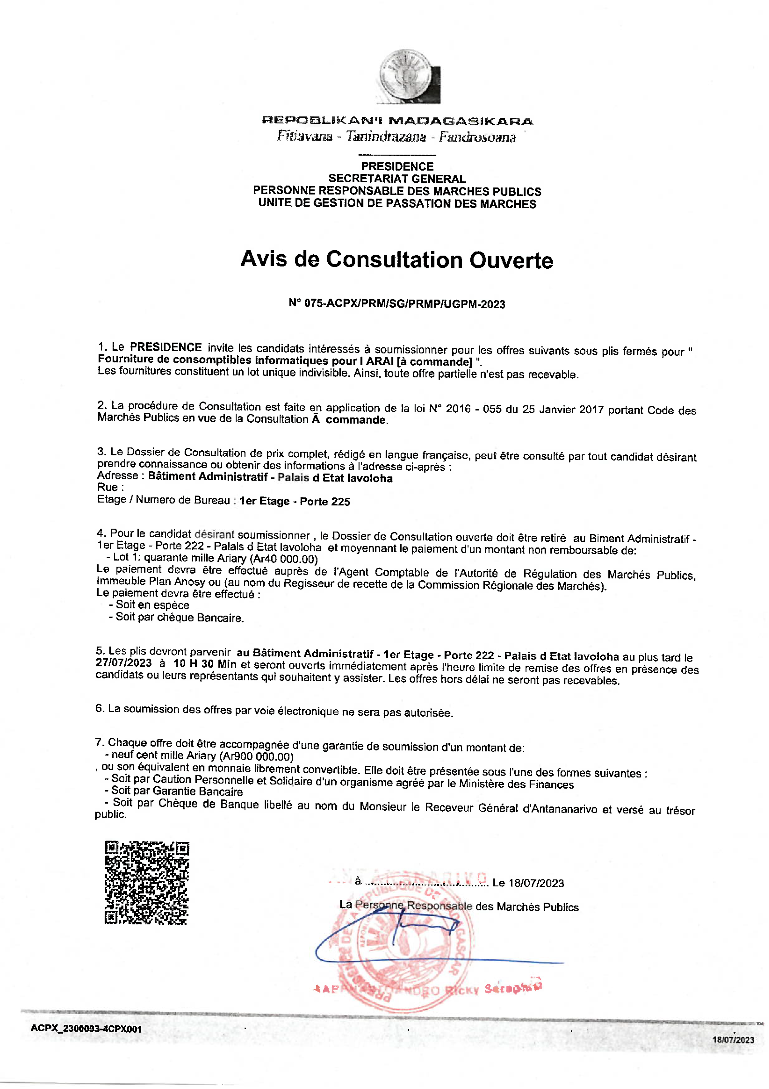 Avis de Consultation - Fourniture de Consomptibles informatiques