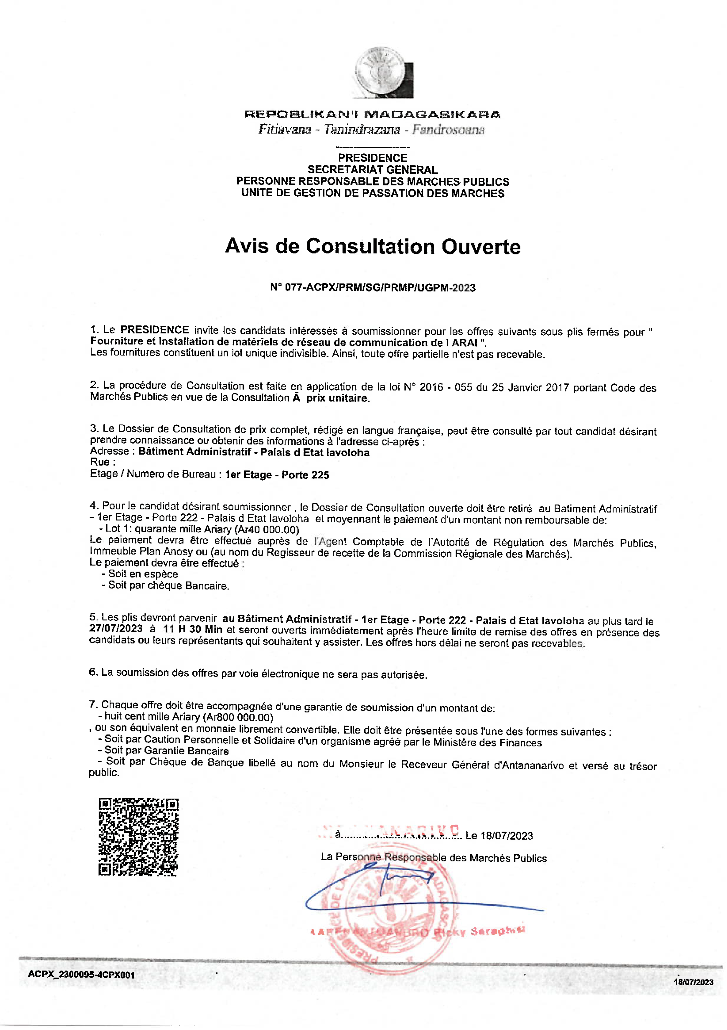 Avis de Consultation - Fourniture et installation de matériels de réseau de communication de l'ARAI