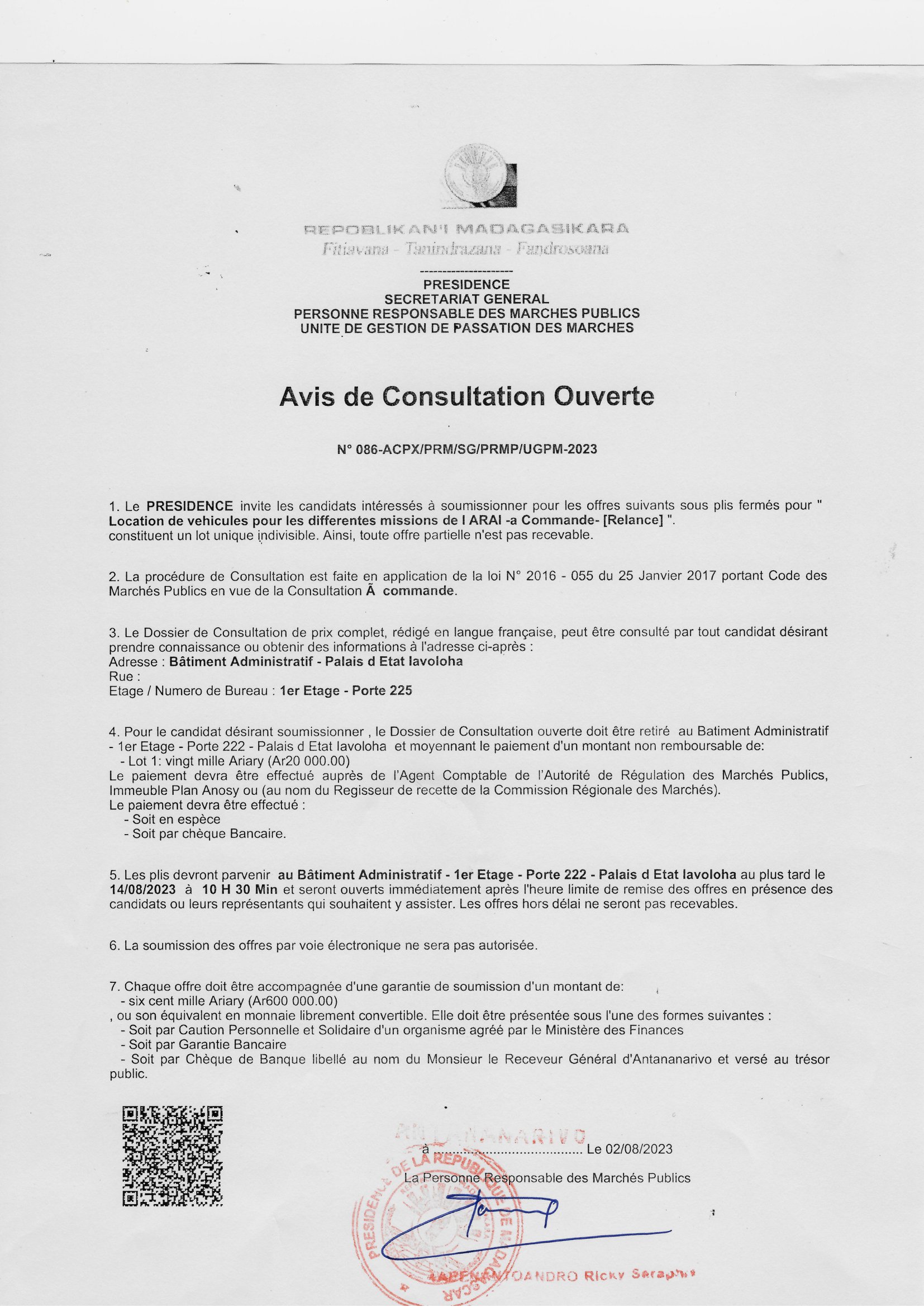 Avis de Consultation - Fourniture de produits alimentaires